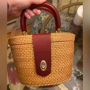Woven Straw Basket Handbag with Brown Leather Trim